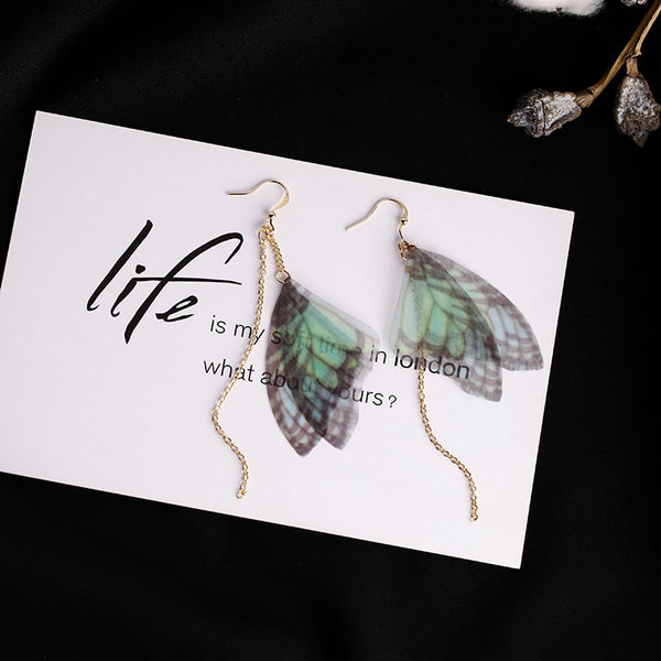 Buy Jewellery Online New Zealand | Vintage Temperament Handmade Earrings For Women Brinco Green Yarn Butterfly Metal Chain Long Earrings