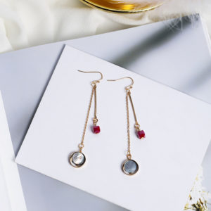 Red Cube Silver Circle and Round Shell Earrings