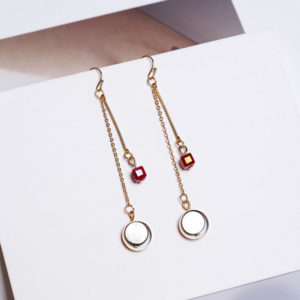 Red Cube Silver Circle and Round Shell Earrings