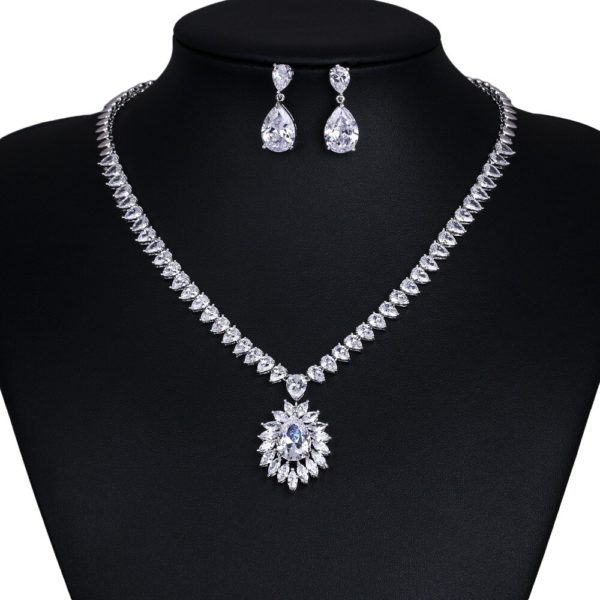 Sparkling Cubic Zirconia Large Teardrop White Gold Color Plated Necklace and Earring Bridal Set from Alora New Zealand Online Jwellery Shop