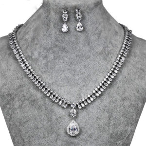 Elegant Silver Teardrop Cubic Zirconia Necklace and Earring Bridal Jewelry Set