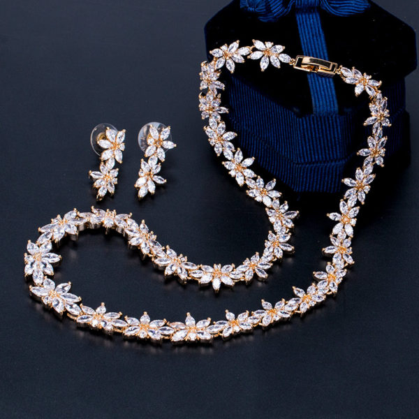 Cubic Zirconia CZ Crystal Zircon Flower Necklace and Earring Bridal Jewelry Set from Alora New Zealand Online Jwellery Shop